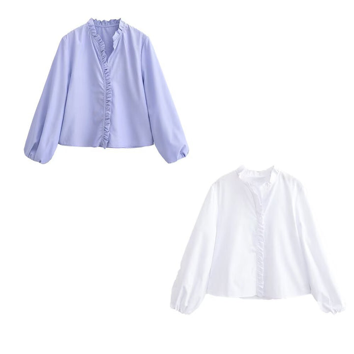 Women Ruffled Blouse with V-Neck and Balloon Sleeves Mune Fashion