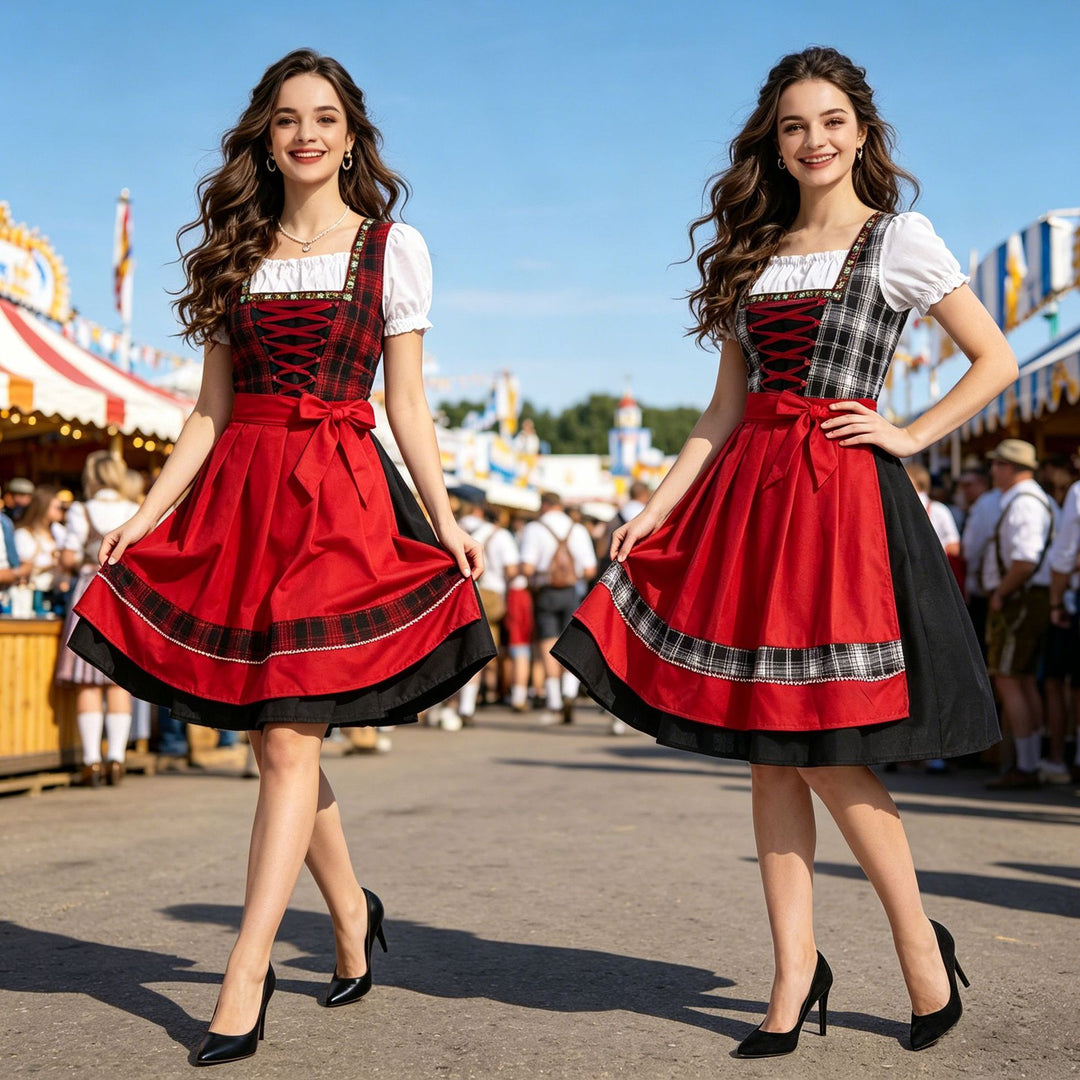Ladies traditional Dirndl costume dress with laced bodice and short puff sleeve Mune Fashion