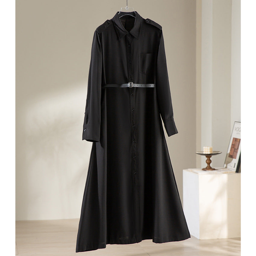 Women's maxi dress as a shirt dress with waist belt and epaulettes Mune Fashion