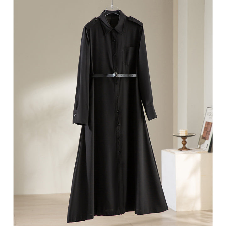 Women's maxi dress as a shirt dress with waist belt and epaulettes Mune Fashion