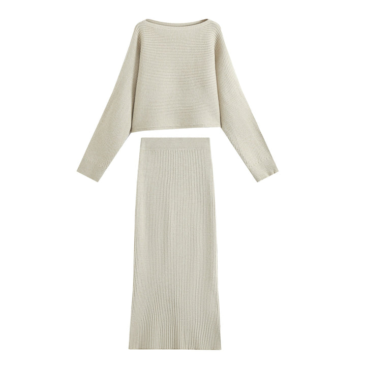 Women's Two-Piece Ribbed Knit Set with Short Sweater and Midi Skirt Mune Fashion