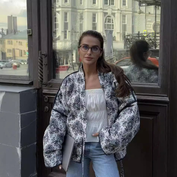 Women padded kimono jacket with waist belt and ornamental print Mune Fashion