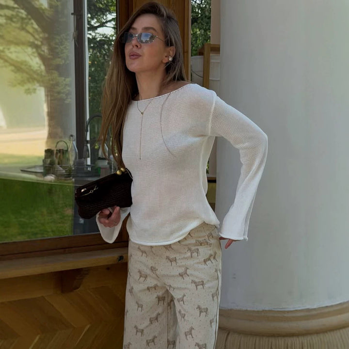 Women's chunky knit pullover with wide boat neck & extra wide trumpet sleeves Mune Fashion