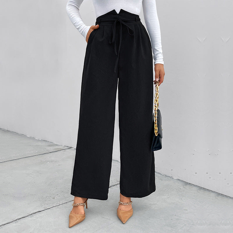 Women's Elegant Paperbag Pants with Wide Leg, High Waist and Ties