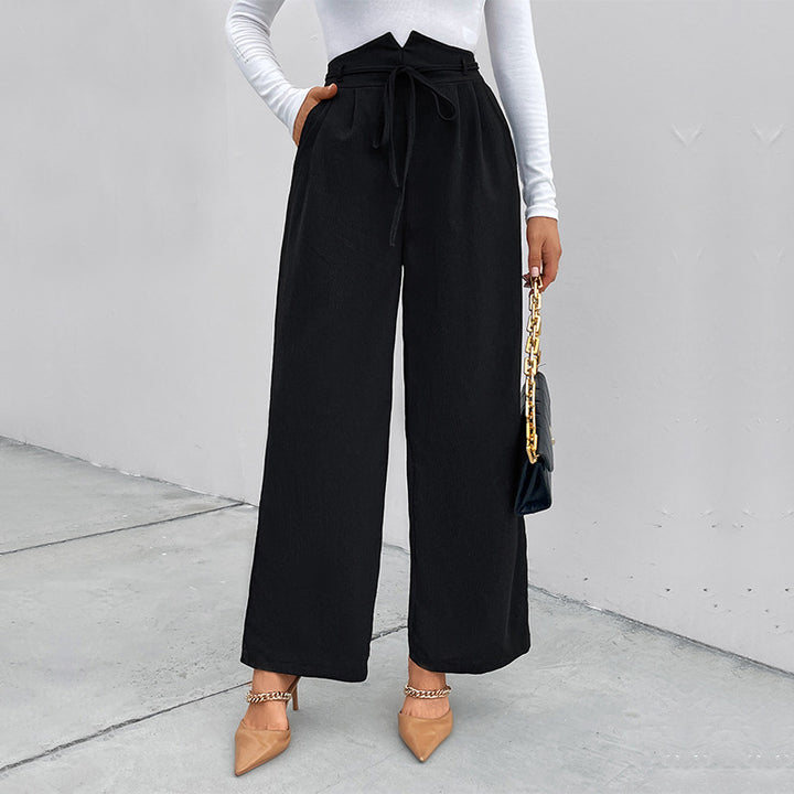 Women's Elegant Paperbag Pants with Wide Leg, High Waist and Ties
