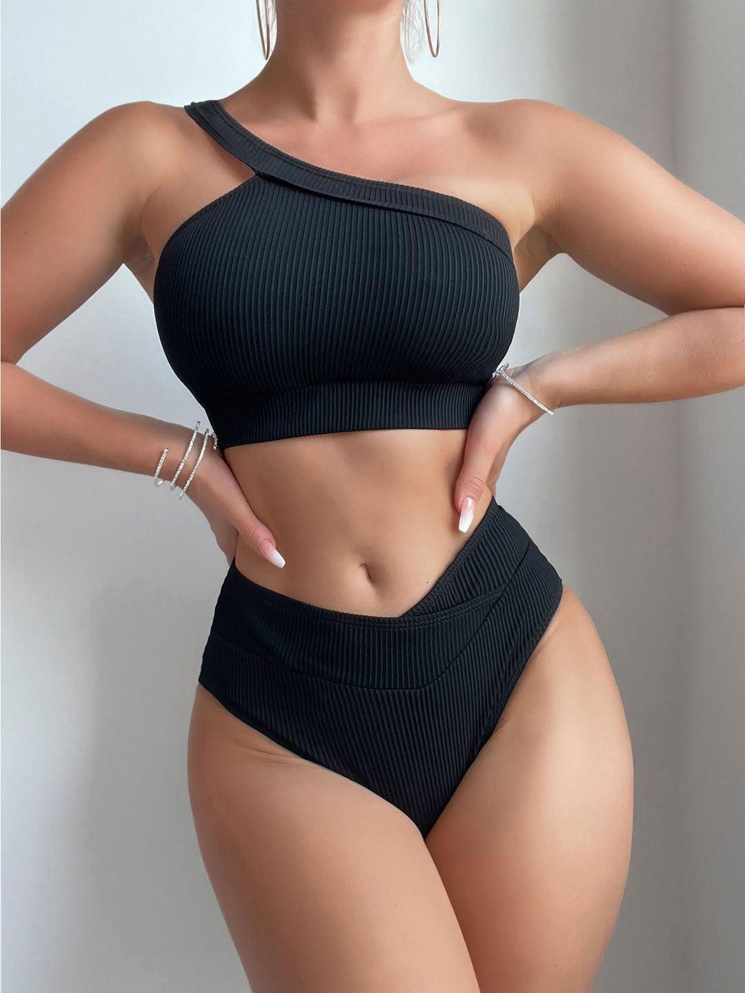 Women's One-Sided Cut Bikini Top and High-Waisted Bikini Bottom Mune Fashion