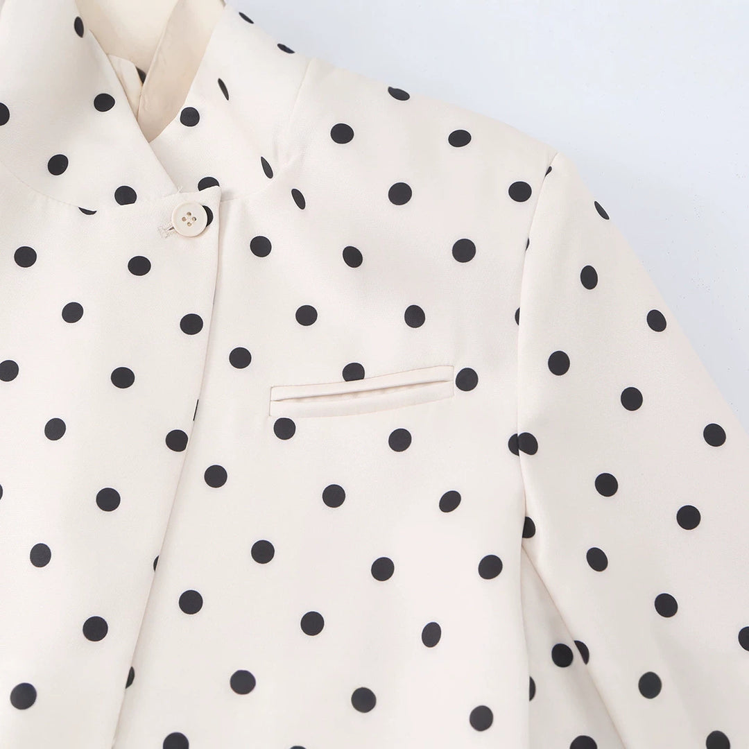 Women's Dotted Boxy Blazer with Stand Collar and Flap Pockets Mune Fashion