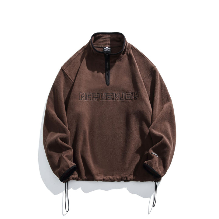 Unisex Fleece-Half-Zip Pullover with Stand-up Collar, Drawstring Hem and Logo Embroidery Mune Fashion