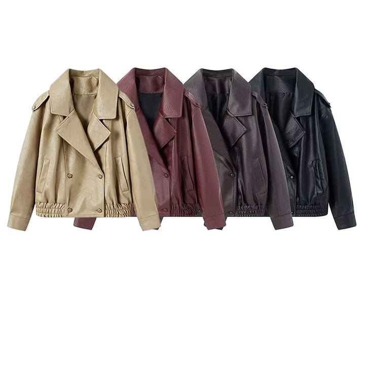 Women's Faux Leather Bomber Jacket with Large Faux Fur Collar Mune Fashion