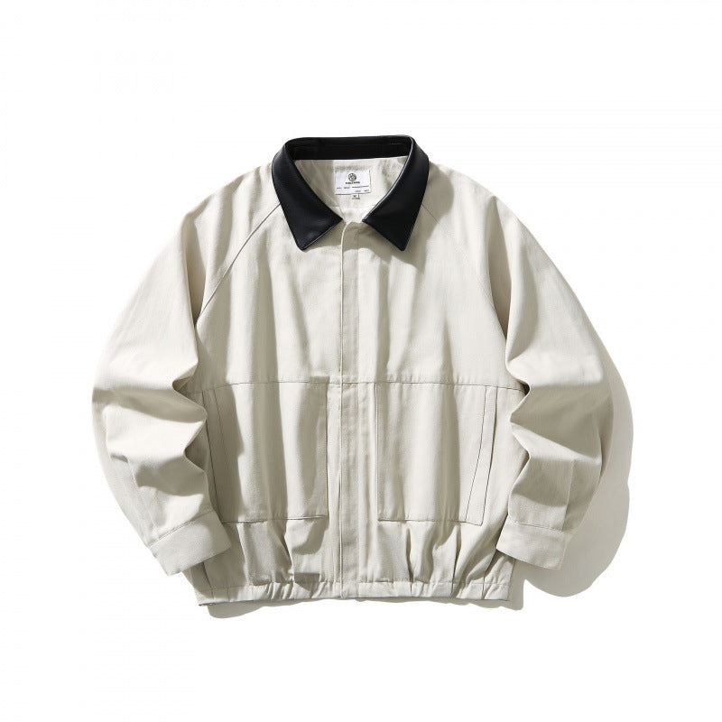 Men's short-cut canvas jacket with imitation leather collar and elastic hem Mune Fashion