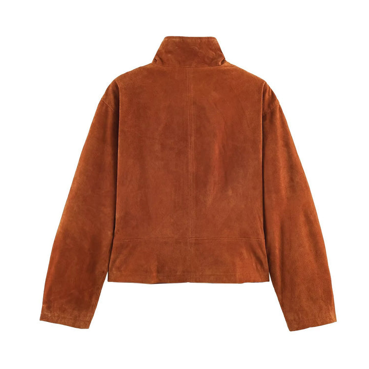 Women's short-cut suede jacket in blouson style with tailored darts and metal zippers Drune
