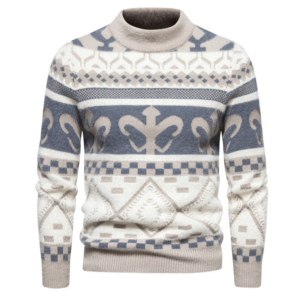 Men's fine-knit mock neck sweater with jacquard pattern and ribbed cuffs Mune Fashion