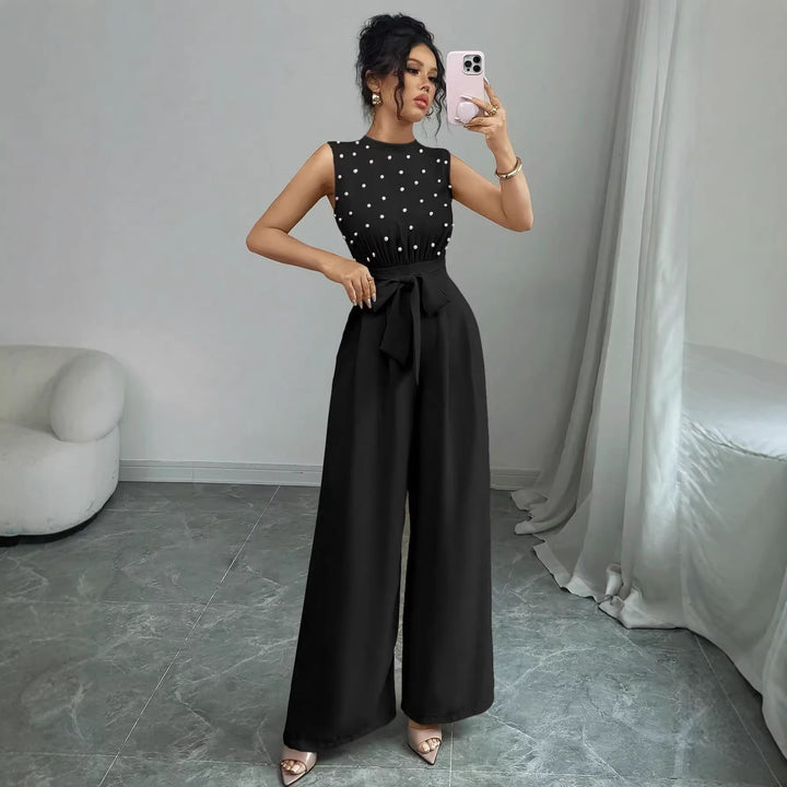 Women's Elegant Jumpsuit with Pearl Embellishment, Stand Collar and Wide Palazzo Leg Mune Fashion