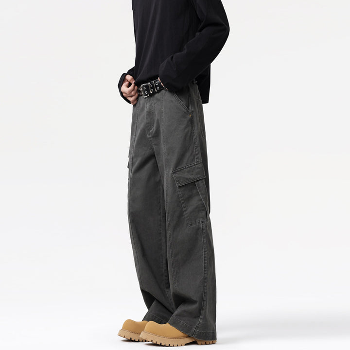 Men's Wide Canvas Cargo Pants in Utility Look with Multiple Pockets and Distinctive Seam Panels Mune Fashion