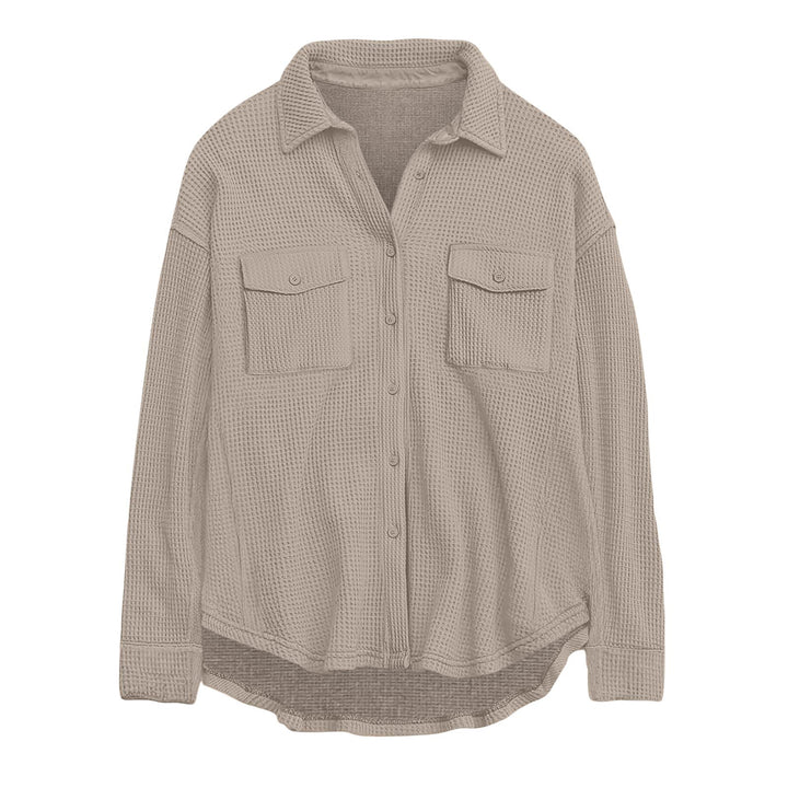 Women's oversized waffle knit shirt jacket with chest pockets and button placket Mune Fashion