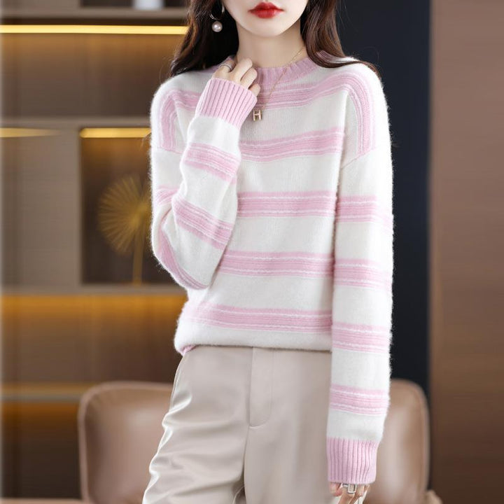 Women's Soft Striped Sweater in Mohair Look with Boxy Silhouette Mune Fashion