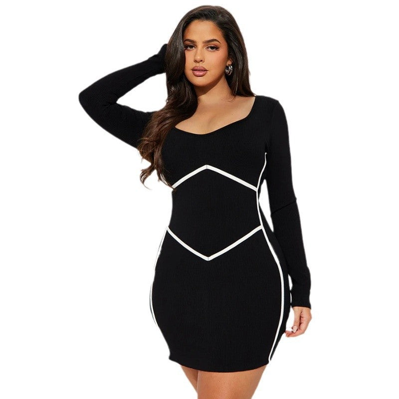 Women Ribbed Long Sleeve Mini Dress with Contrast Corset Seams and Boat Neck Mune Fashion