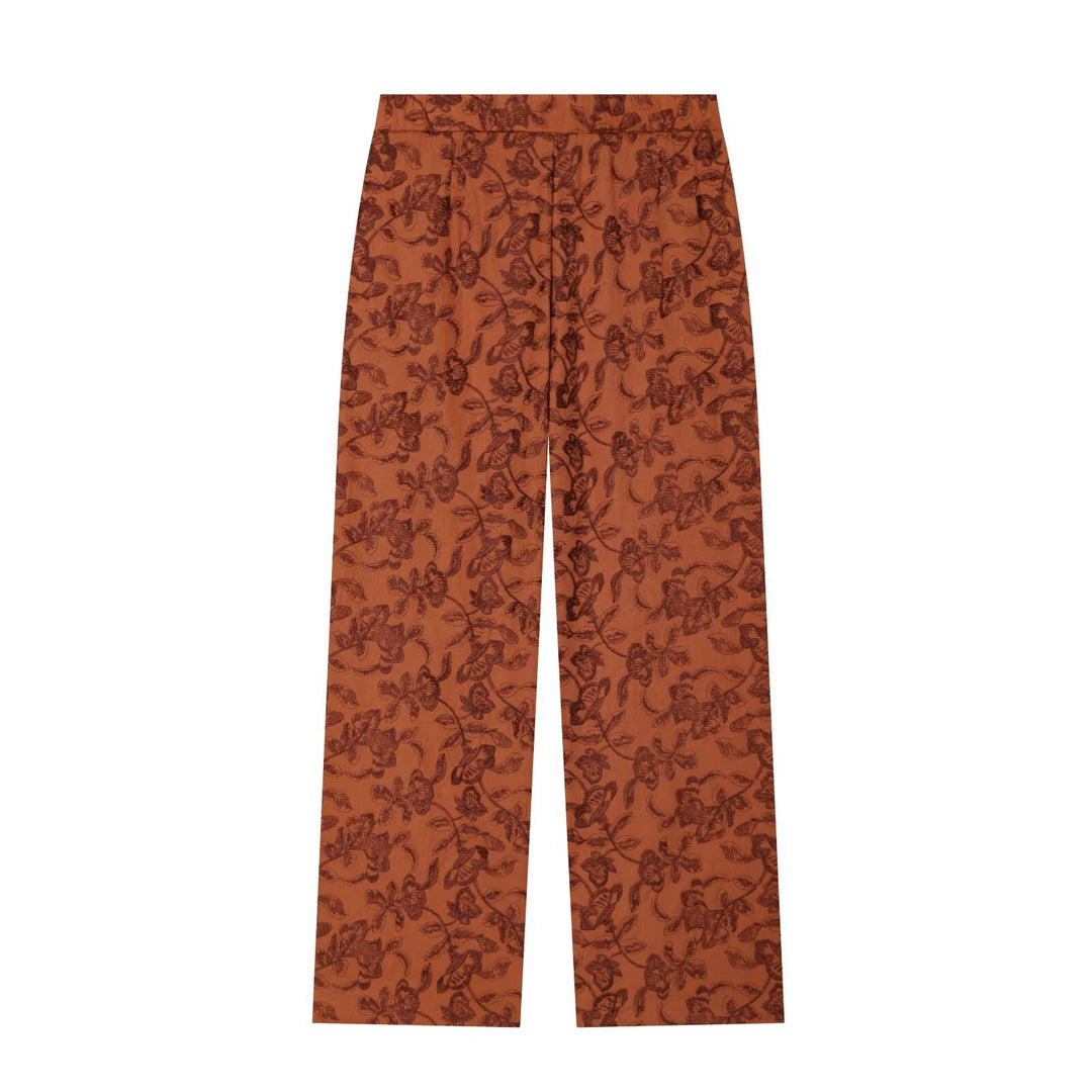 Women's Wide Jacquard Trousers with High Waist and Floral Pattern Mune Fashion