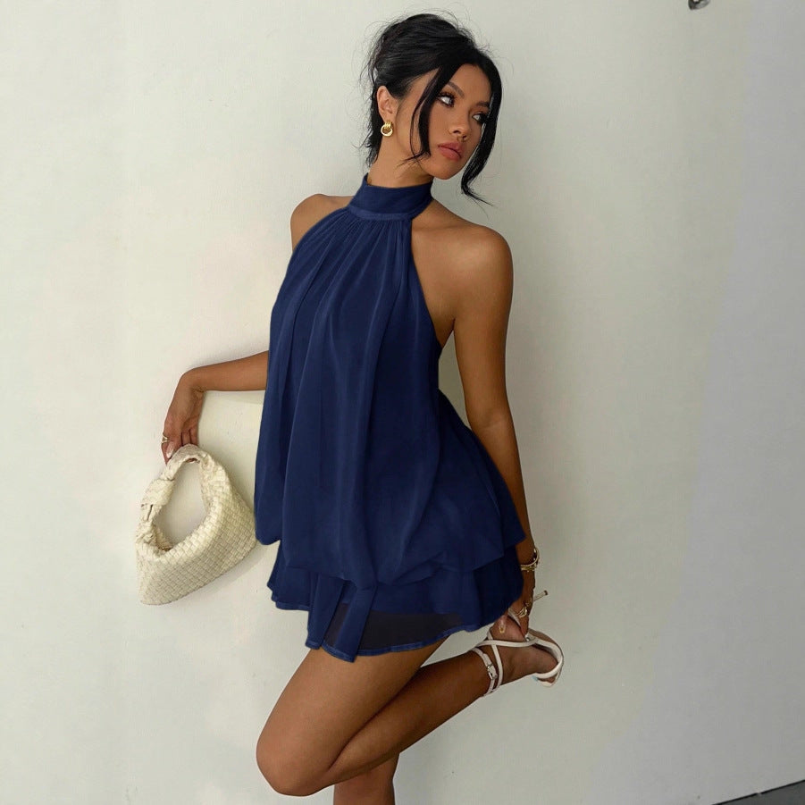 Ladies Sleeveless Chiffon Playsuit with High Stand Collar, Ruched Top and Tiered Shorts Mune Fashion