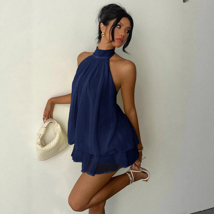 Ladies Sleeveless Chiffon Playsuit with High Stand Collar, Ruched Top and Tiered Shorts Mune Fashion