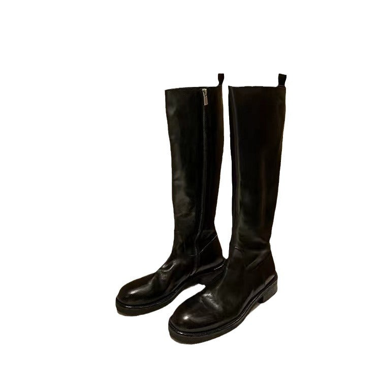 Women Knee-high Smooth Leather Boots with Hidden Zipper and Shock-absorbing Outsole Mune Fashion
