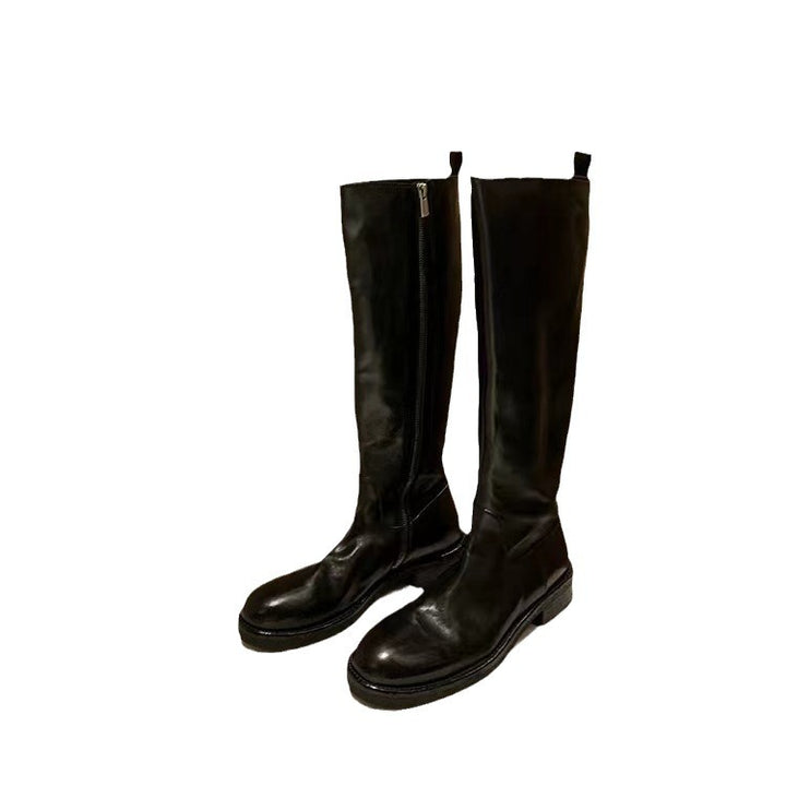 Women Knee-high Smooth Leather Boots with Hidden Zipper and Shock-absorbing Outsole Mune Fashion
