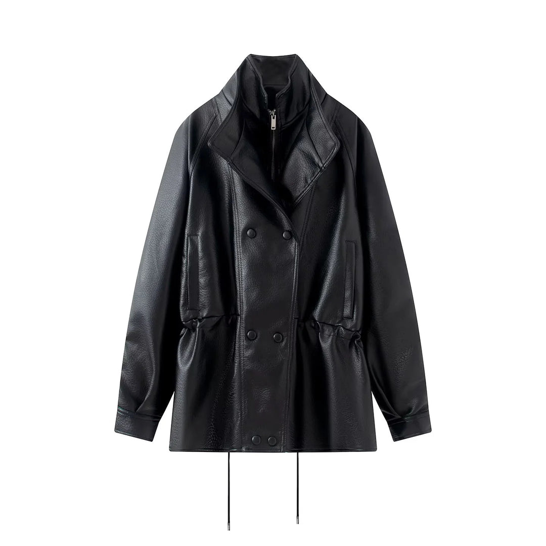 Women's long faux leather coat with double-breasted, high inner collar and drawstring waist Mune Fashion