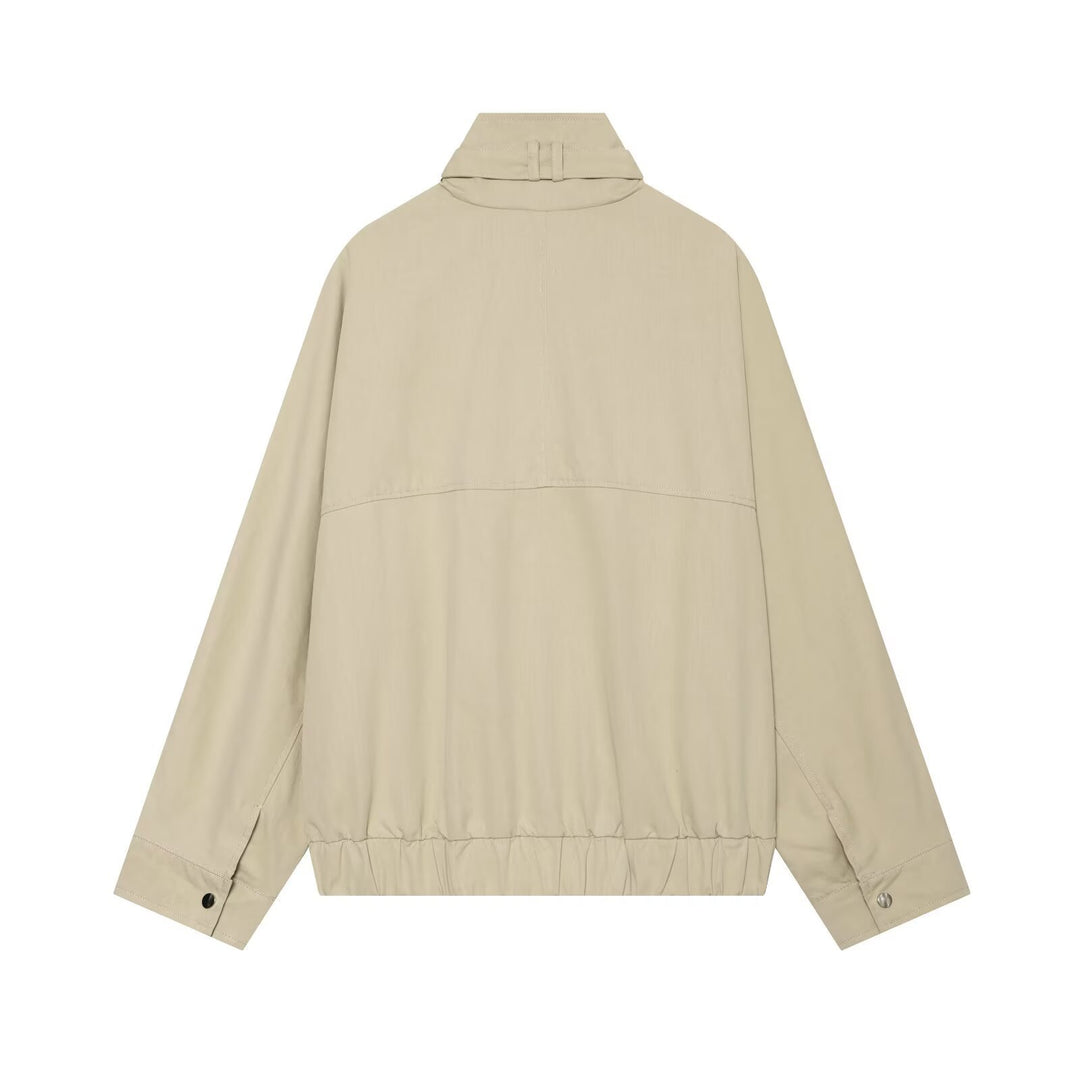 Women Short Boxy Field Jacket with High Funnel Collar and Checked Sleeve Cuffs Mune Fashion