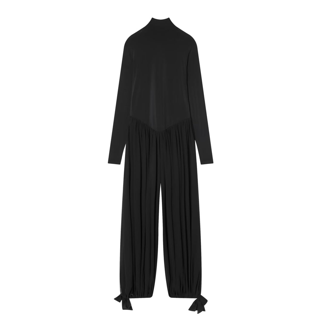 Women's jumpsuit with stand-up collar, wide pleated pant leg and ankle ties Mune Fashion