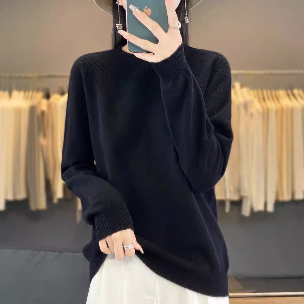 Ladies Soft Ajour-Yoke Round Neck Sweater in Cashmere-Look Fine Knit Mune Fashion