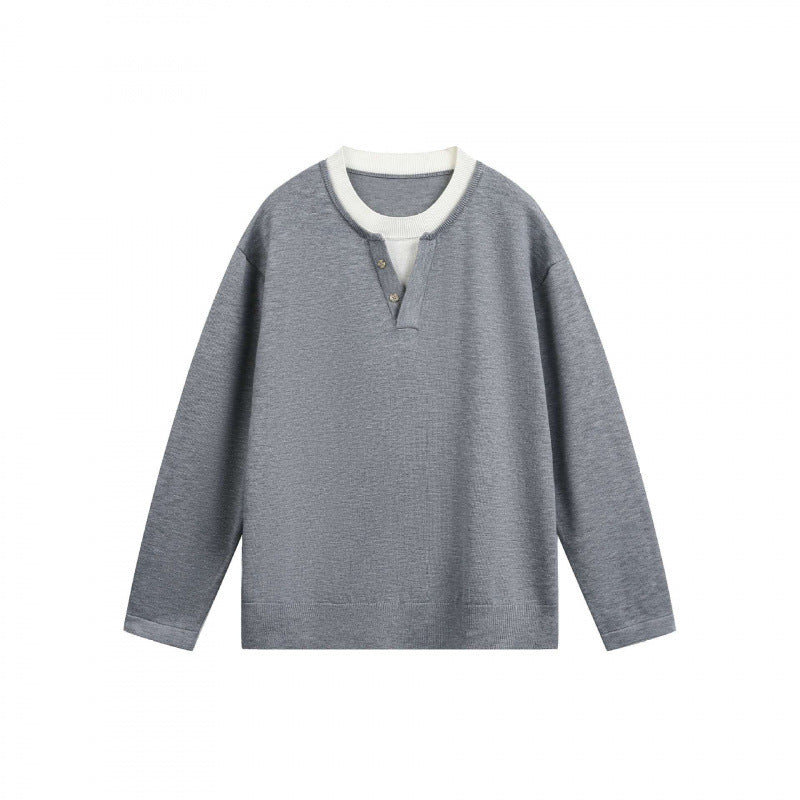 Men's Lightweight Fine Knit Henley Sweater with Contrast Collar and Relaxed Fit Mune Fashion