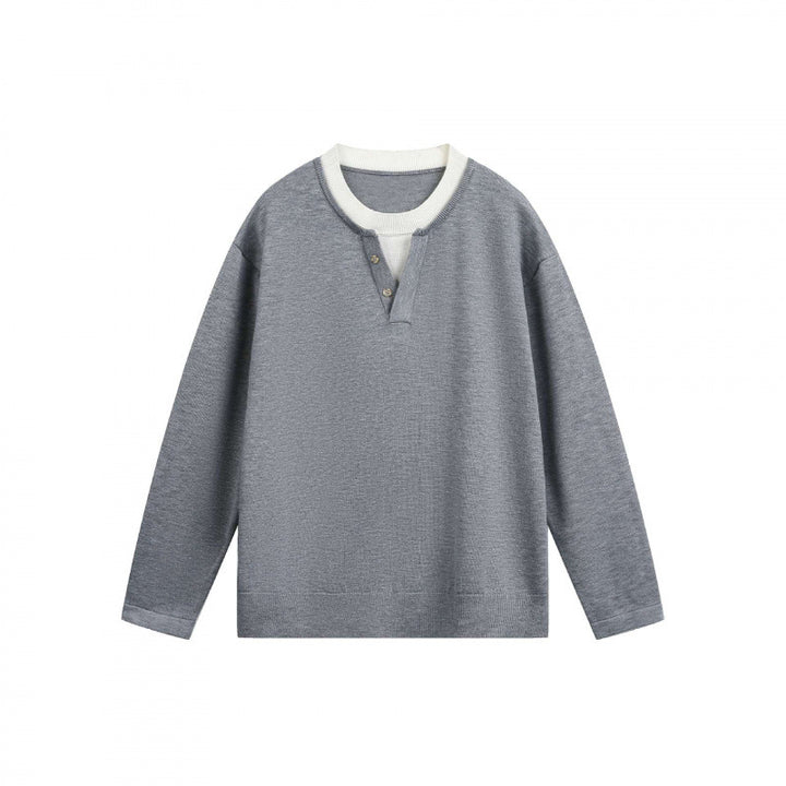 Men's Lightweight Fine Knit Henley Sweater with Contrast Collar and Relaxed Fit Mune Fashion