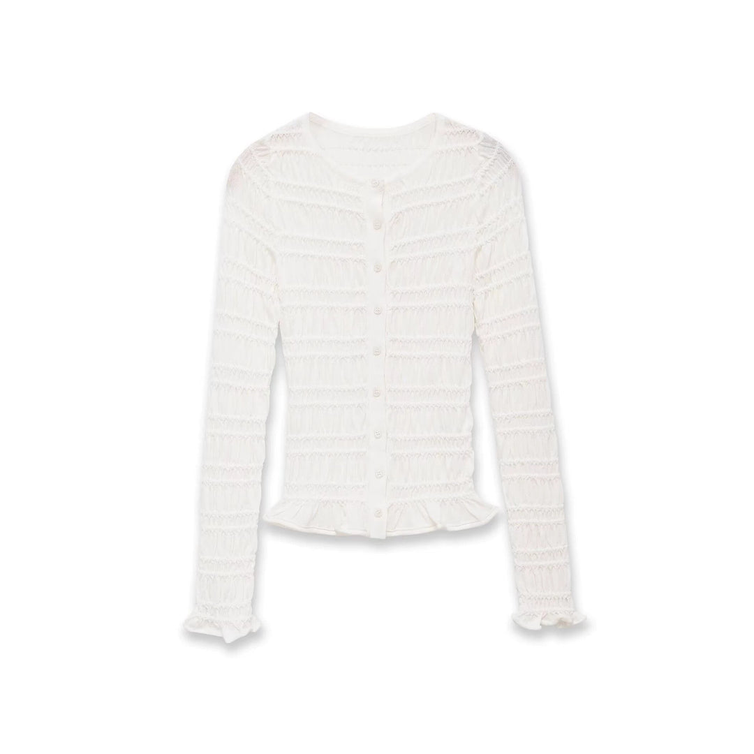Women's Smocked Fine Knit Cardigan with Ruffle Hem and Button Placket Mune Fashion