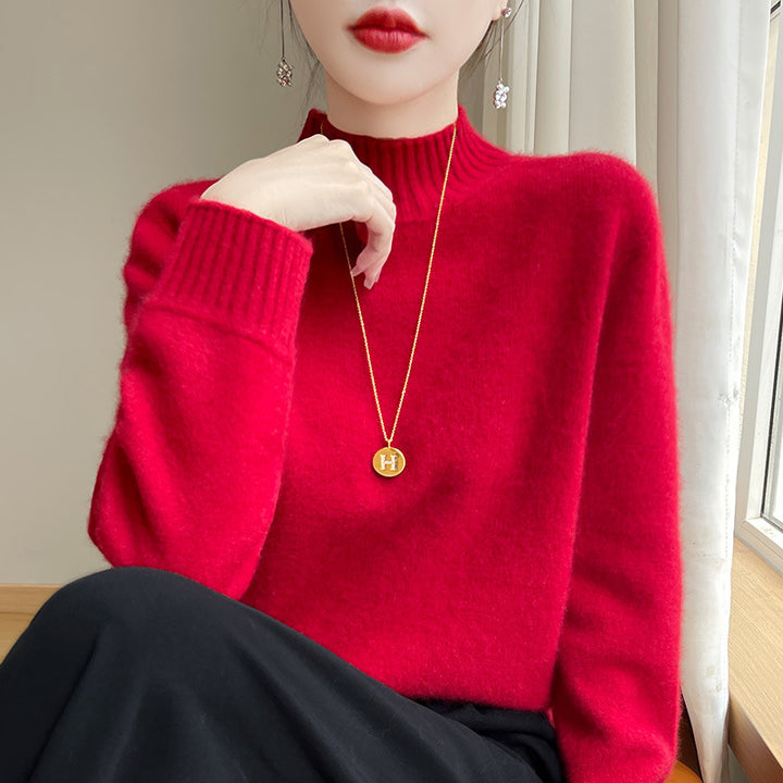 Women's Luxury Soft Midweight Mock Neck Sweater in Angora Look with Fine Rib and Relaxed Silhouette Mune Fashion