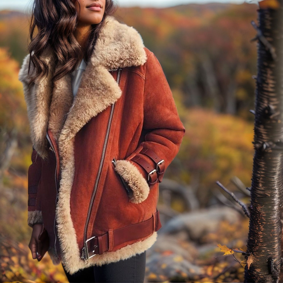 Women Short Bomber Jacket with Teddy Lining, Soft Lamb Fur Collar and Zipper Mune Fashion