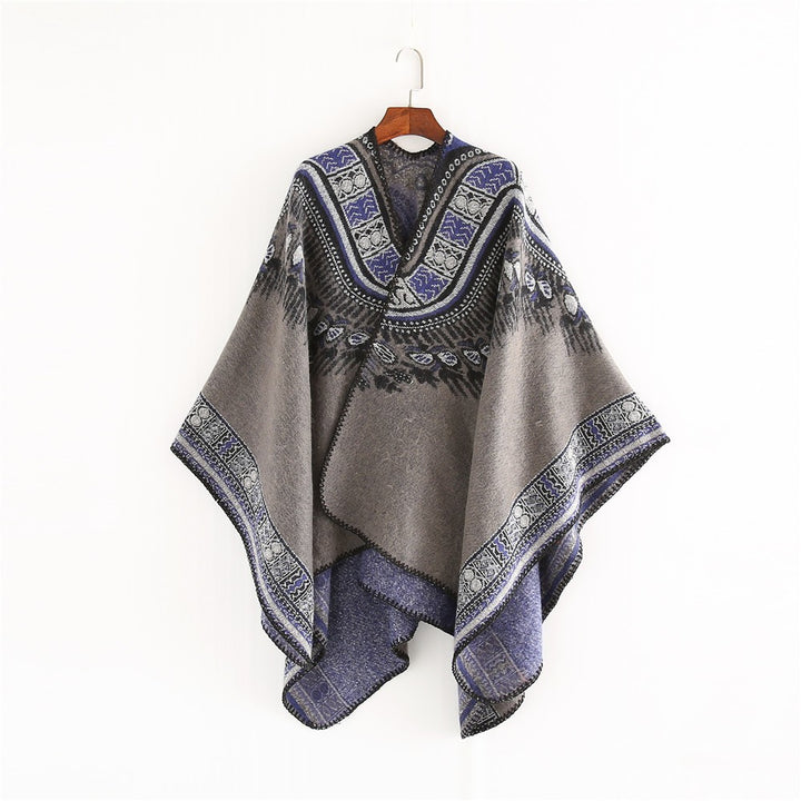 Women Oversize Poncho in Ethno Jacquard with V-neck and structured hem Mune Fashion