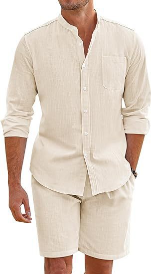 Men's linen-look two-piece set with stand-up collar shirt, chest pocket, and casual shorts Mune Fashion