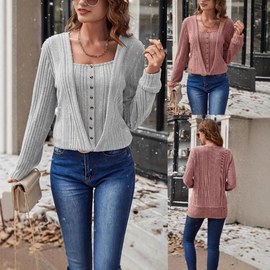Women's Ribbed Fine Knit Two-Piece with Open Cardigan and Button Cami Mune Fashion