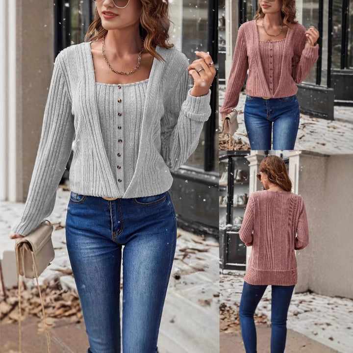 Women's Ribbed Fine Knit Two-Piece with Open Cardigan and Button Cami Mune Fashion