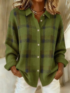 Women's Checked Knit Shirt Jacket Cardigan with Shirt Collar and Ribbed Cuffs Mune Fashion