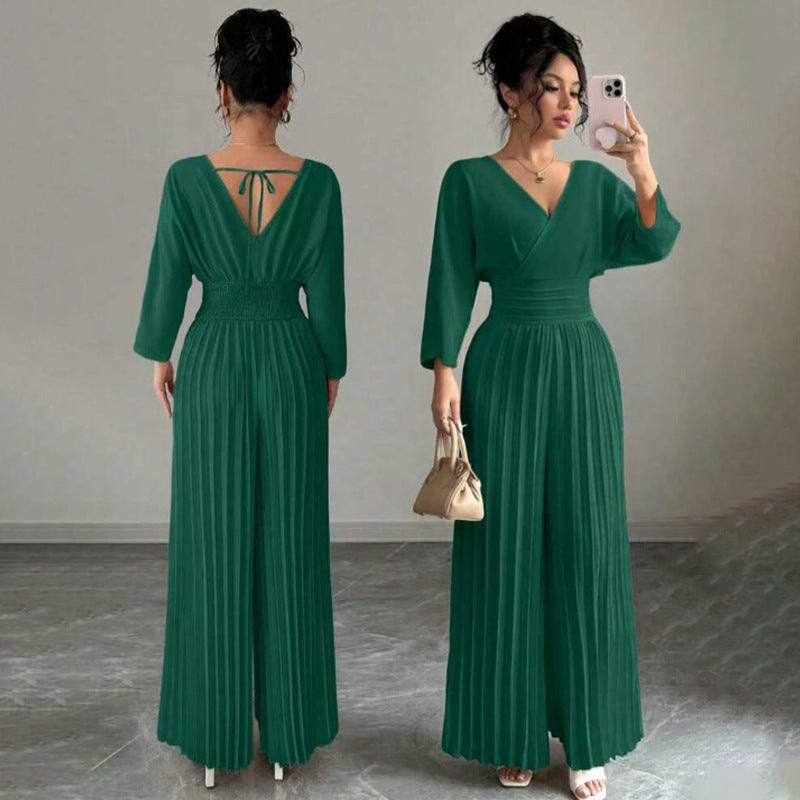 Women Elegant Pleated Jumpsuit with V-Neck Mune Fashion