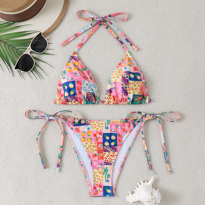 Women's triangle bikini set with colorful flower pattern and adjustable straps Mune Fashion