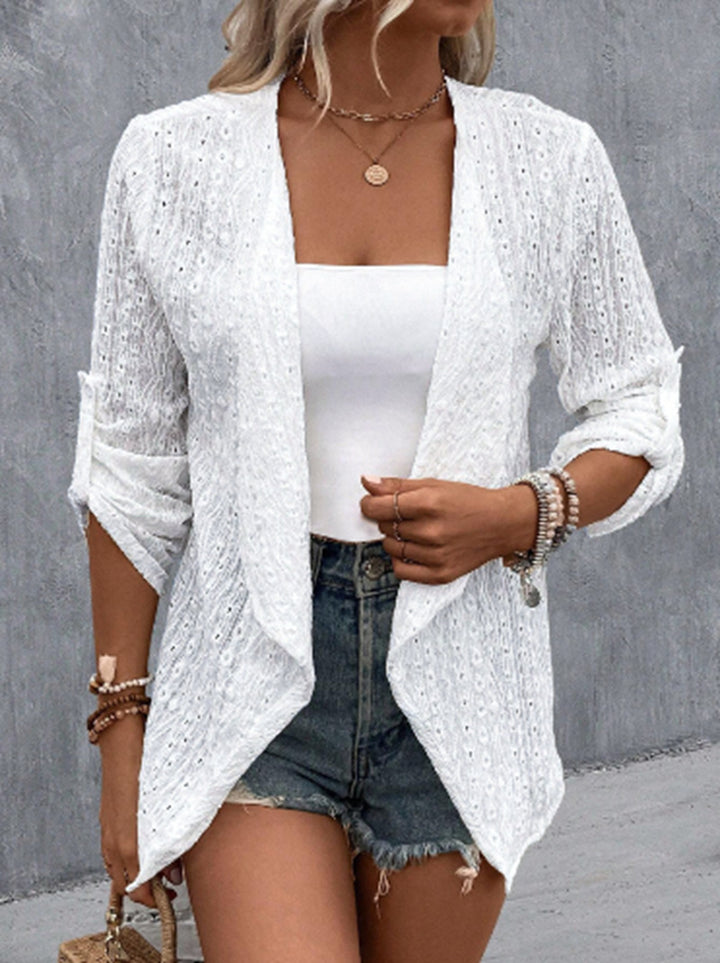Women's light openwork knit blazer with waterfall front and roll-up sleeves Mune Fashion