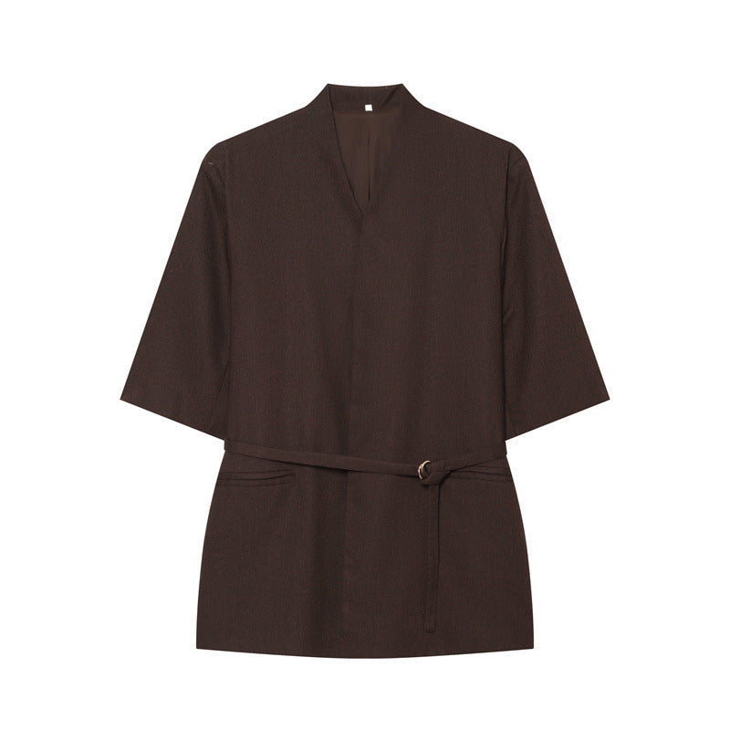 Women's Kimono Top with V-Neck, tailored tie belt and half-length sleeves Mune Fashion