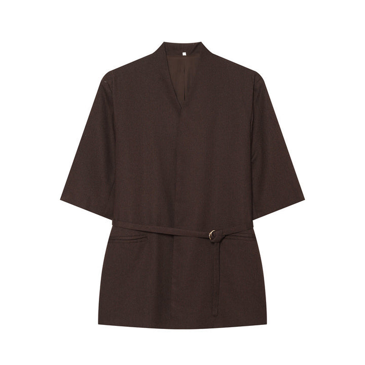 Women's Kimono Top with V-Neck, tailored tie belt and half-length sleeves Mune Fashion
