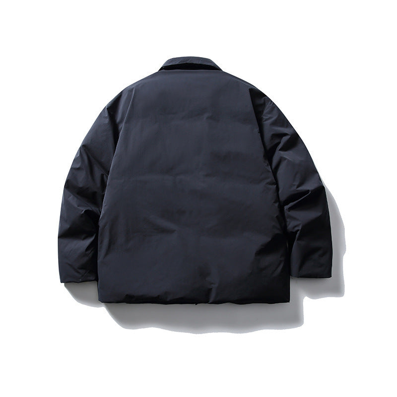 Men's short-cut thermo puffer jacket in boxy cut with shirt collar and concealed snap button placket Mune Fashion