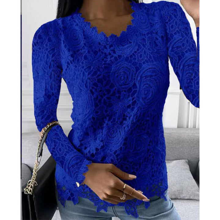 Women's lace top with V-neck, tailored silhouette and romantic wave hem Mune Fashion