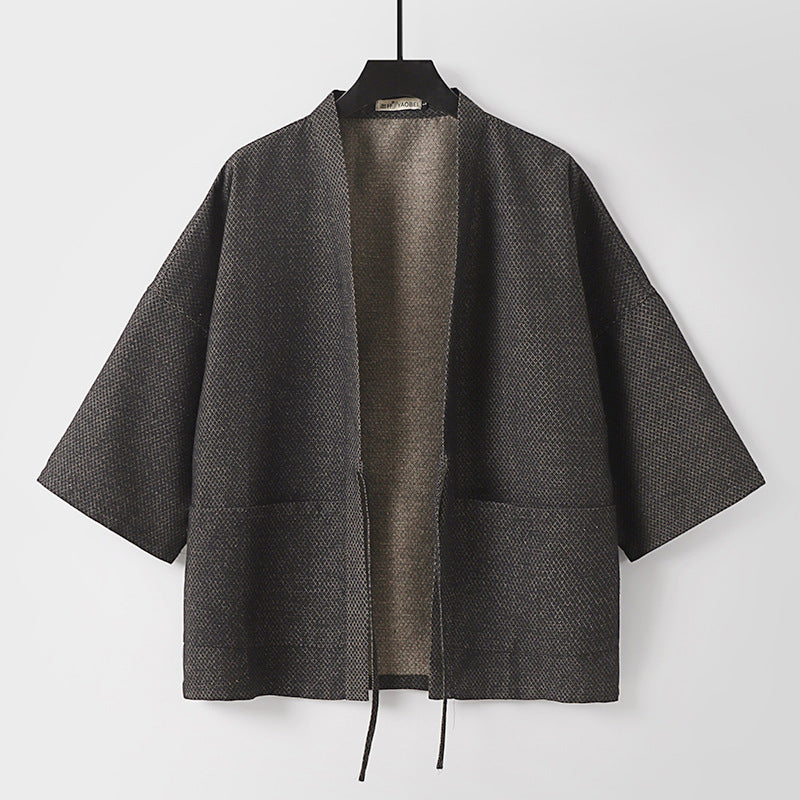 Men's Loose Kimono Cardigan made of textured cotton blend with short sleeves and tie Mune Fashion
