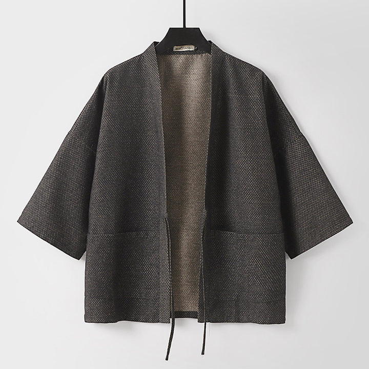 Men's Loose Kimono Cardigan made of textured cotton blend with short sleeves and tie Mune Fashion