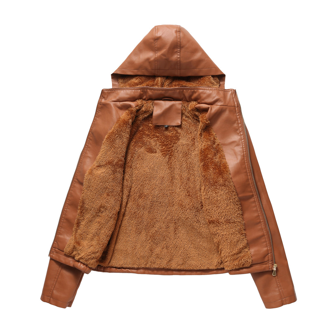 Women's tailored faux leather jacket with hood, padded inner lining and concealed zip pockets Mune Fashion
